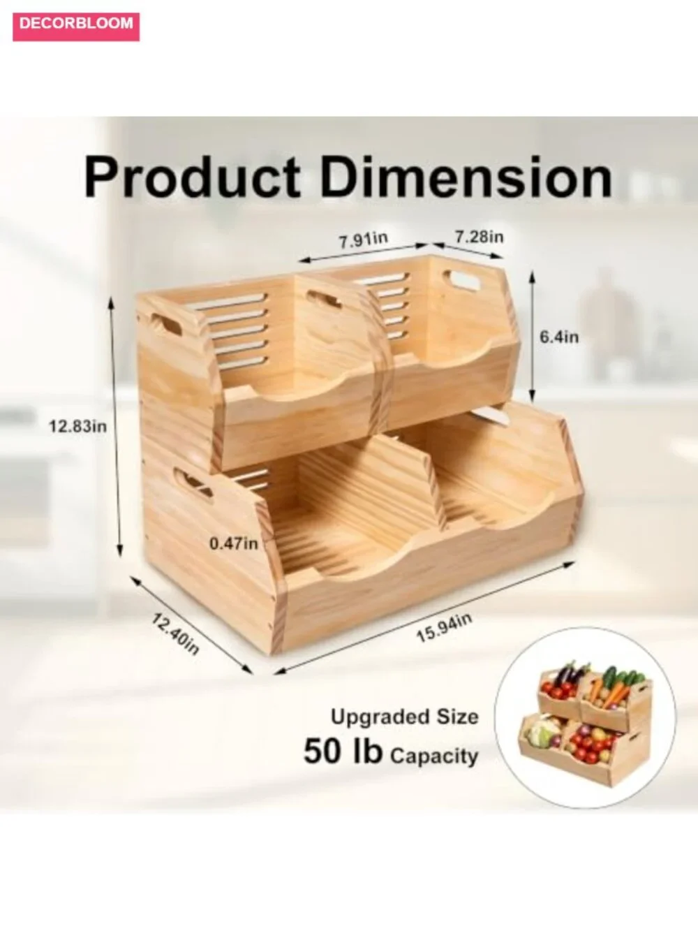 2 Tier Wood Potato Onion Storage Bin Stackable Vegetable Keeper Pantry Organizer